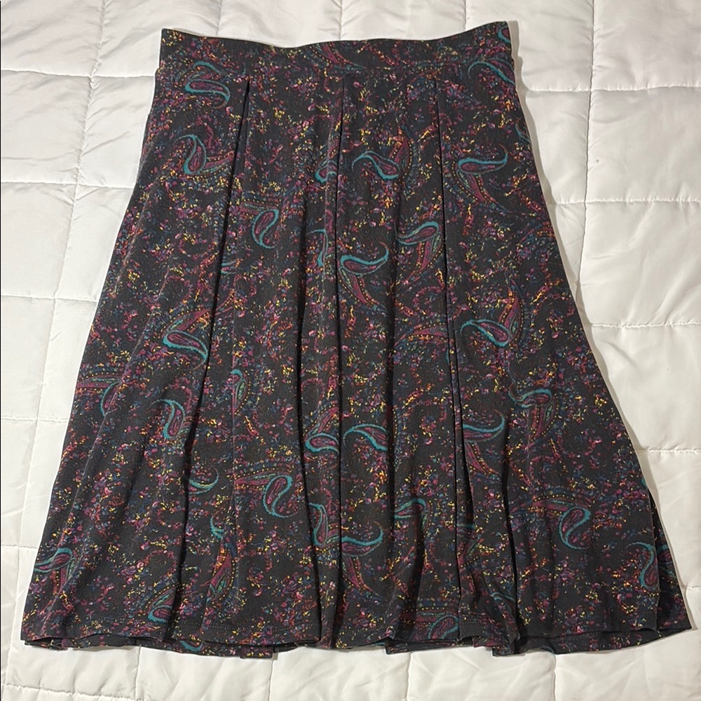 LuLaRoe Madison Black and Blue Midi A-line Skirt with Pleats and Pockets